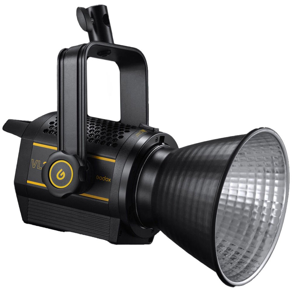 Close-up detail shot of the Godox VL150II LED Video Light's control panel and display, showing precise power and color temperature settings.