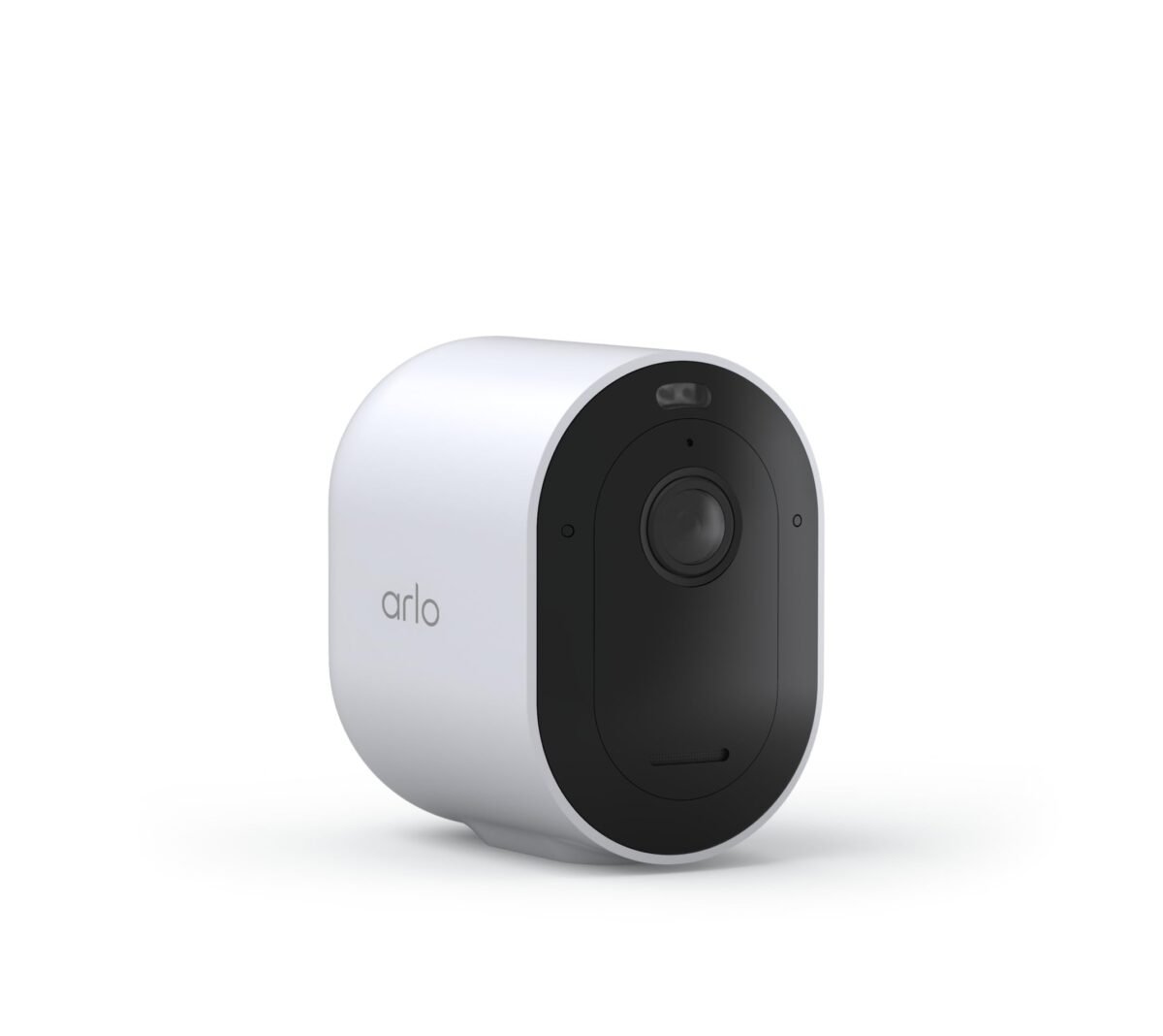 Close-up detail of the Arlo Pro 5S 2K Spotlight Camera lens and integrated spotlight, highlighting its advanced optics and design.