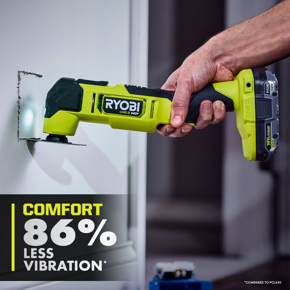 Close-up detail of the Ryobi PCL440B ONE+ HP 18V Brushless Multi-Tool, highlighting the quick-change accessory system and textured grip.