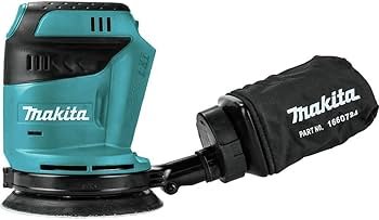Makita XOB01Z 18V LXT Brushless 5 Random Orbital Sander actively sanding a wooden surface, demonstrating its compact size and maneuverability in a workshop setting.