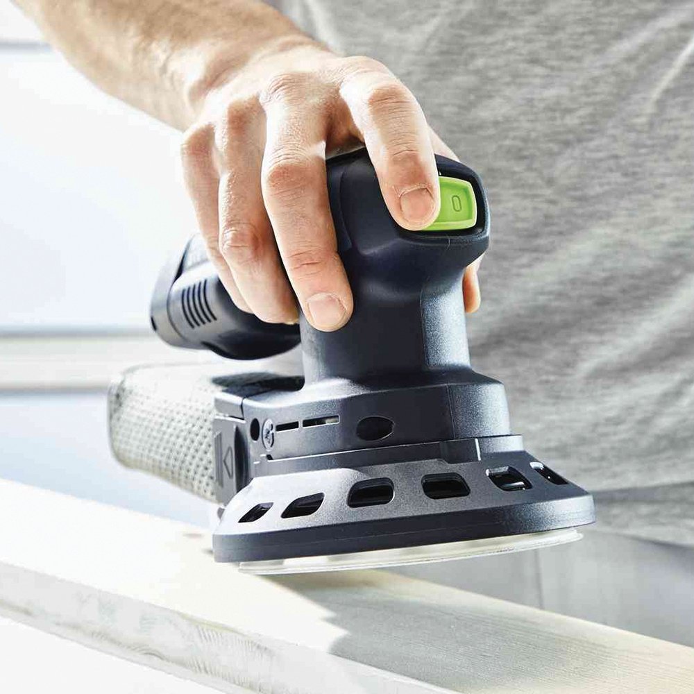 Festool ETSC 125 Li 3.1 I-Set Cordless Orbital Sander displayed prominently on a clean workshop surface, showcasing its sleek design.