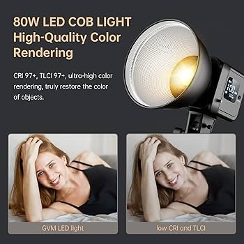 Close-up detail of the control panel on the GVM 80W Bi-Color LED Video Light, showing the display and adjustment knobs for brightness and color temperature.