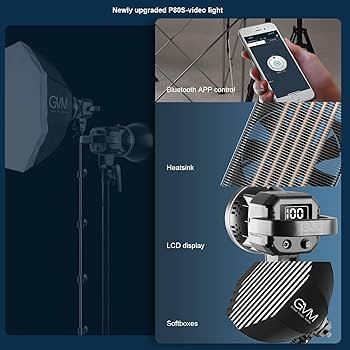 GVM 80W Bi-Color LED Video Light with its reflector and power adapter, ready for studio use, showcasing its compact design.