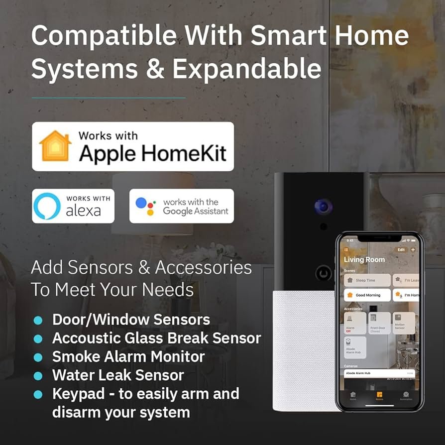 The sleek, modern design of the Abode Iota All-In-One Security Kit, showcasing its integrated camera and compact form factor on a clean surface.