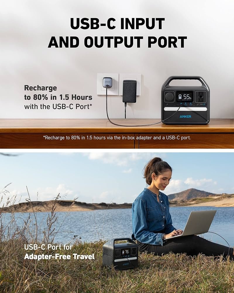 A close-up view of the Anker 521 Portable Power Station's output ports, including AC, USB-A, and USB-C, highlighting its versatile connectivity for various creator devices.