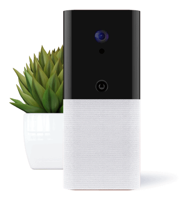 A detailed view of the Abode Iota All-In-One Security Kit, highlighting its front-facing camera lens and status indicator lights, ready for home monitoring.