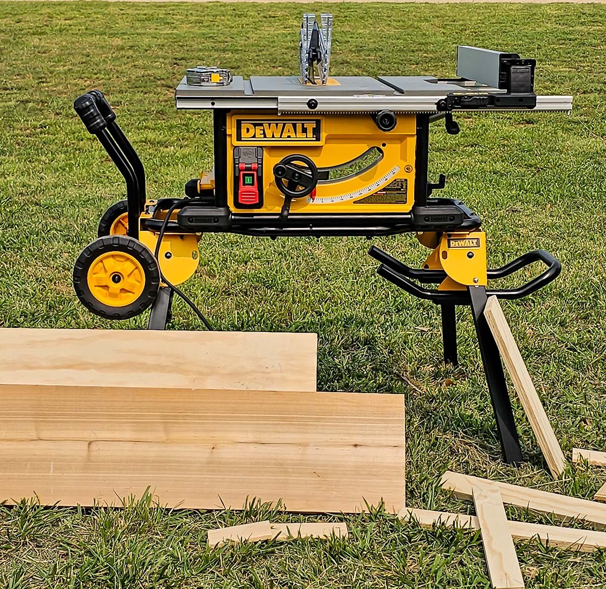 Close-up view of the DEWALT DWE7491RS 10-Inch Jobsite Table Saw's powerful motor and blade guard, emphasizing its durable construction and safety features during operation.