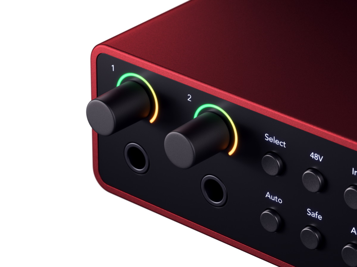 A detailed close-up of the Focusrite Scarlett 4i4 4th Gen's input jacks and gain controls, highlighting its robust build quality and clear labeling for easy setup.