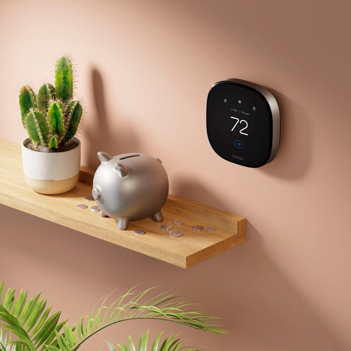 Sleek, modern Ecobee Smart Thermostat Pro mounted on a white wall, showcasing its intuitive touchscreen interface and minimalist design.