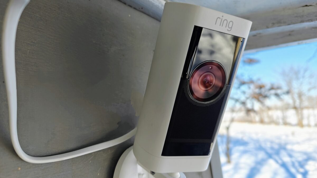 Close-up detail of the Ring Stick Up Cam Battery, highlighting its lens and motion sensor, ready to monitor an outdoor area.