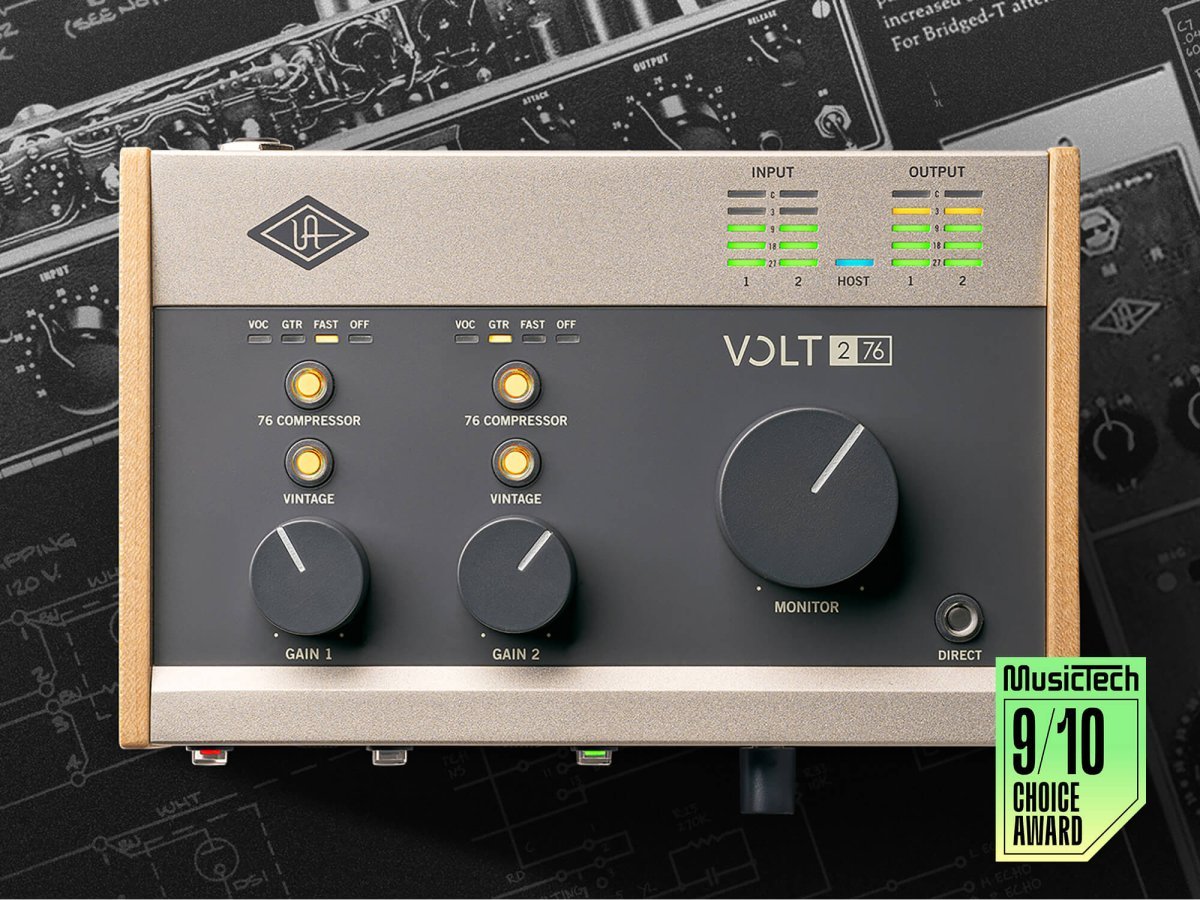 The Universal Audio Volt 276 audio interface integrated into a modern desktop music production setup, demonstrating its compact size and connectivity for creators.
