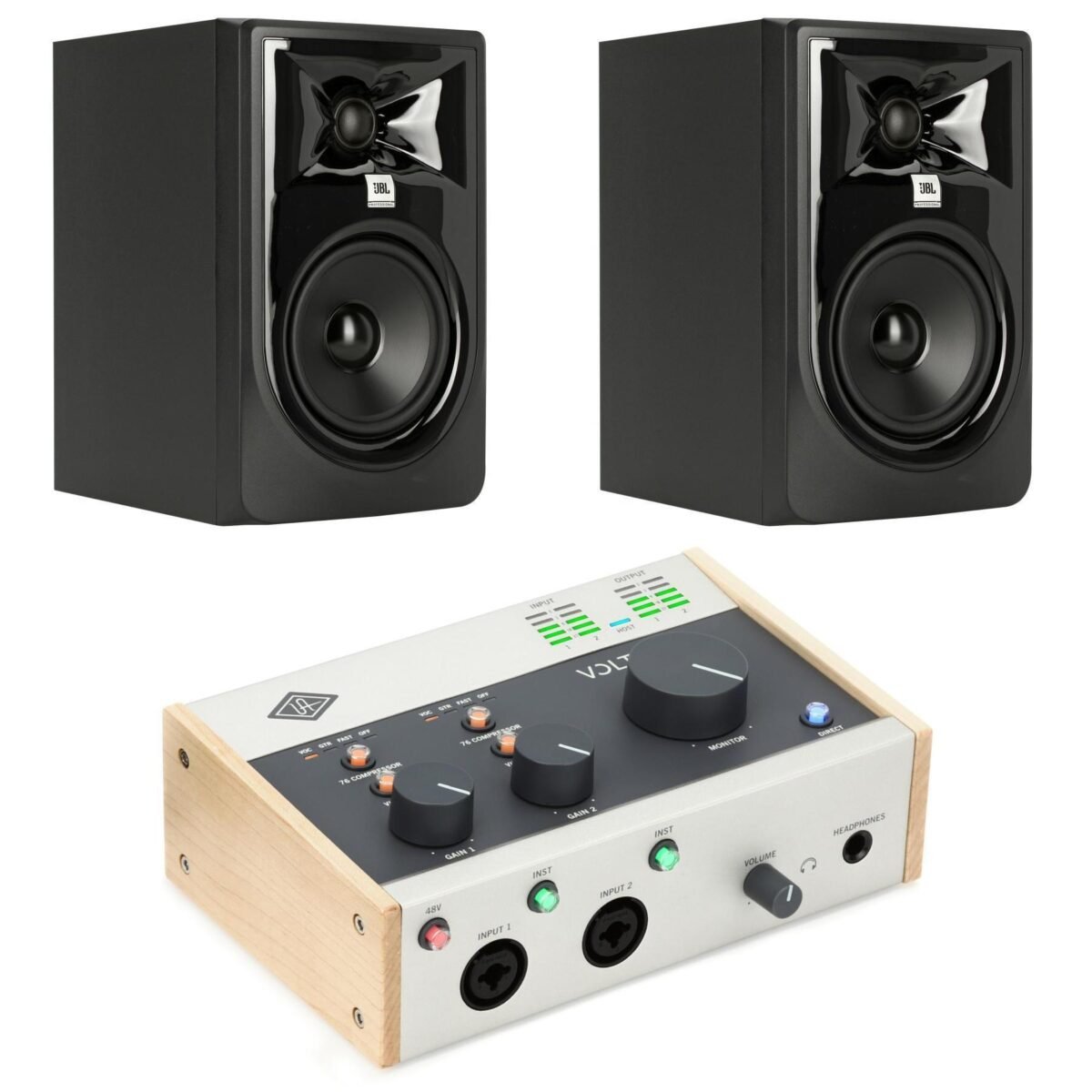 The Universal Audio Volt 276 audio interface displayed prominently, showcasing its sleek, retro-inspired design and front-panel controls for a premium studio aesthetic.