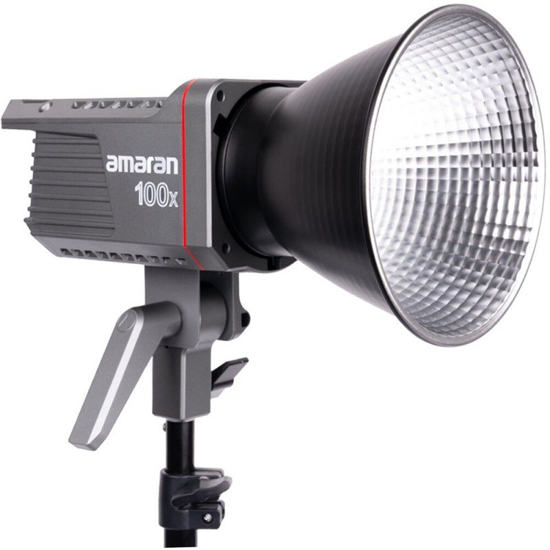 Aputure Amaran 100x S bi-color LED video light, showcasing its compact design and Bowens mount reflector, ready for studio or location shooting.