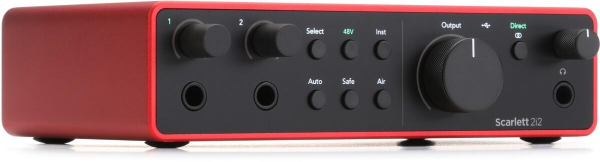Focusrite Scarlett 2i2 4th Gen audio interface, showcasing its sleek red metal chassis, two combo XLR/TRS inputs, and large gain knobs with halo indicators, ready for studio recording.
