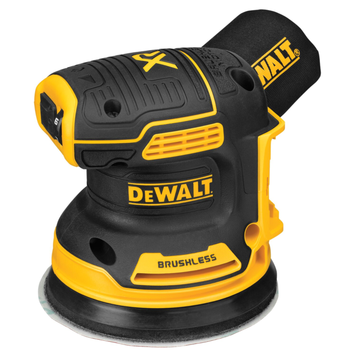 DeWalt DCW210B 20V MAX XR Brushless 5 Random Orbital Sander, showcasing its ergonomic design and iconic yellow and black color scheme on a clean background.