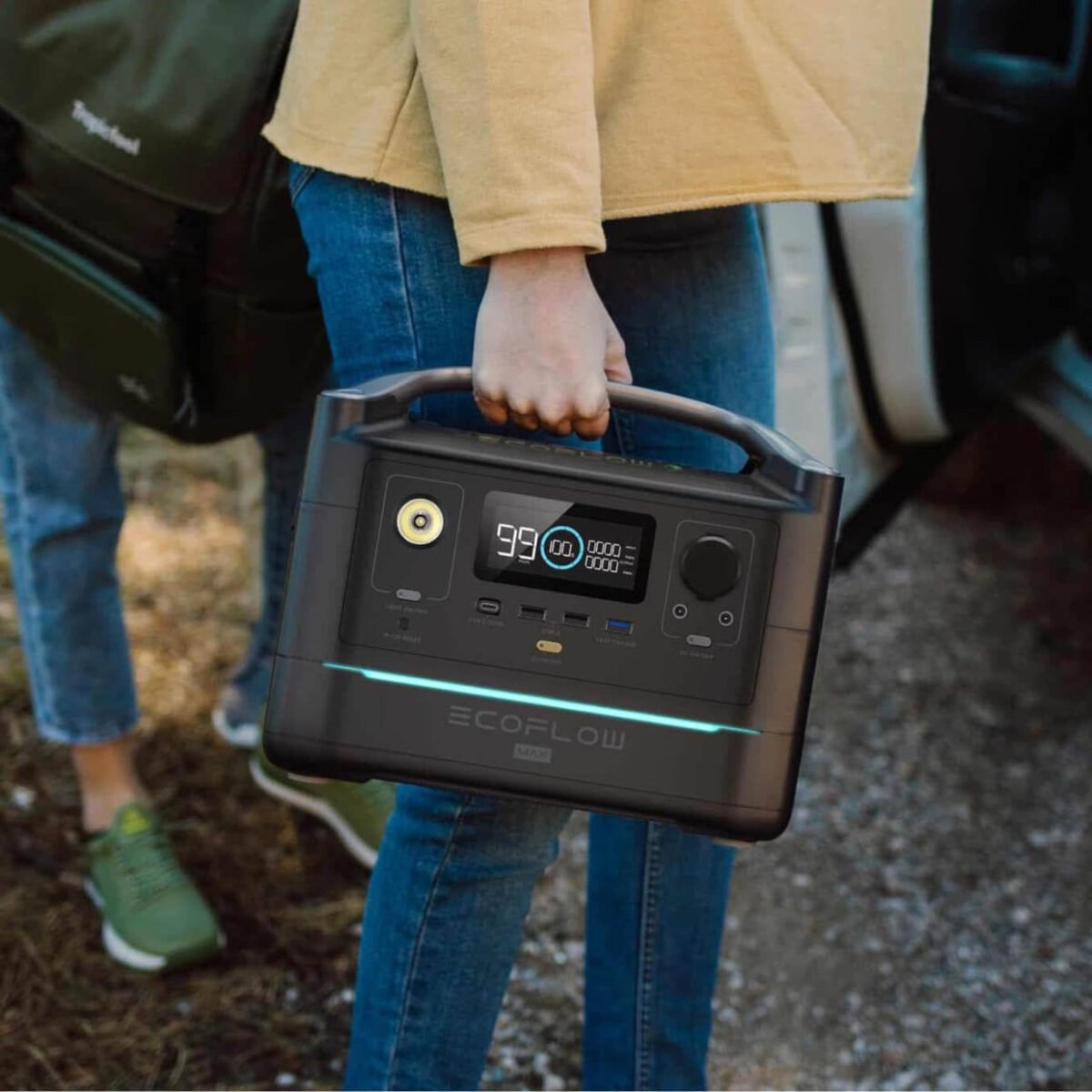 EcoFlow RIVER 3 Max portable power station displayed prominently, showcasing its sleek design and multiple output ports on a clean background.