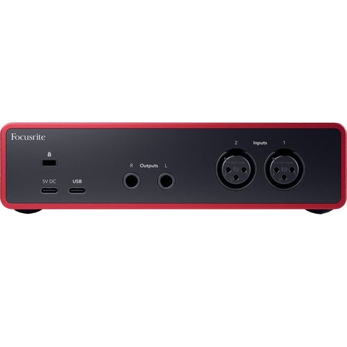 Rear view of the Focusrite Scarlett 2i2 4th Gen, highlighting its USB-C port for power and data, two balanced TRS outputs for studio monitors, and Kensington lock slot.