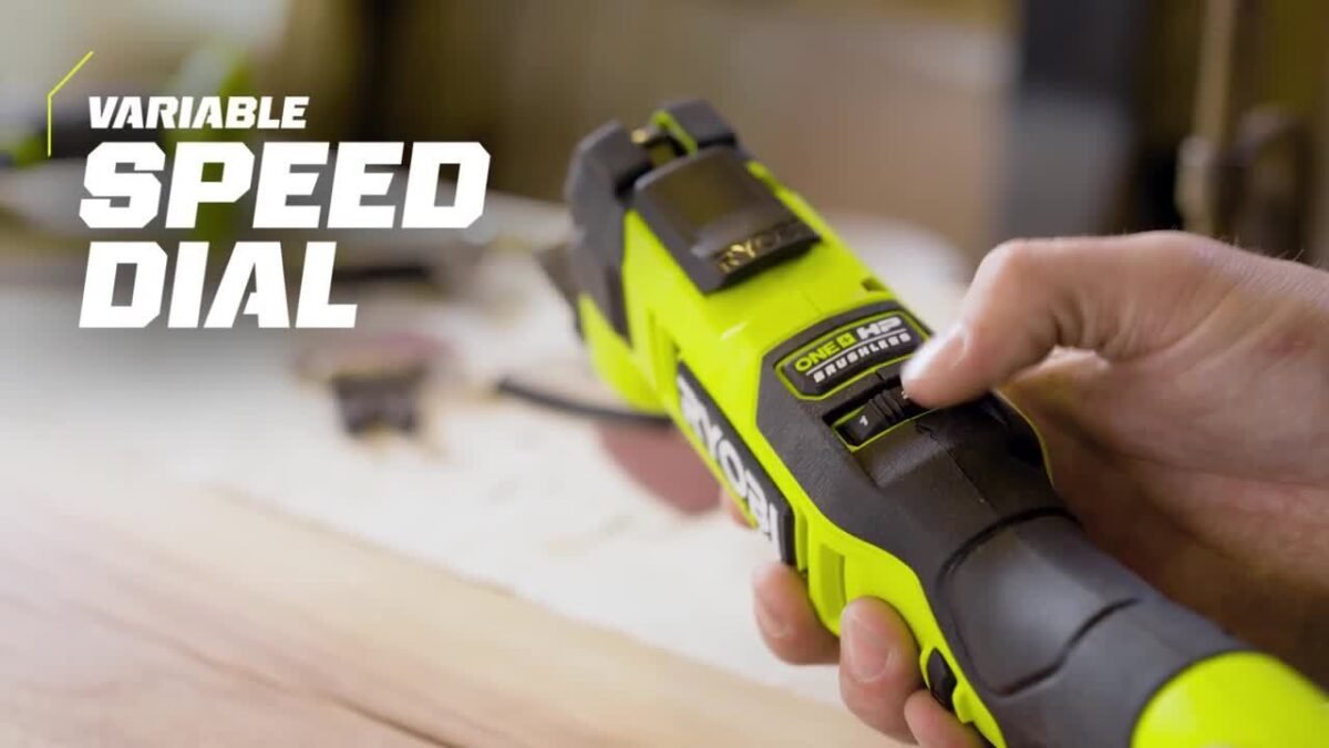 Ryobi PCL440B ONE+ HP 18V Brushless Multi-Tool in action, cutting a piece of wood trim with precision during a home renovation project.